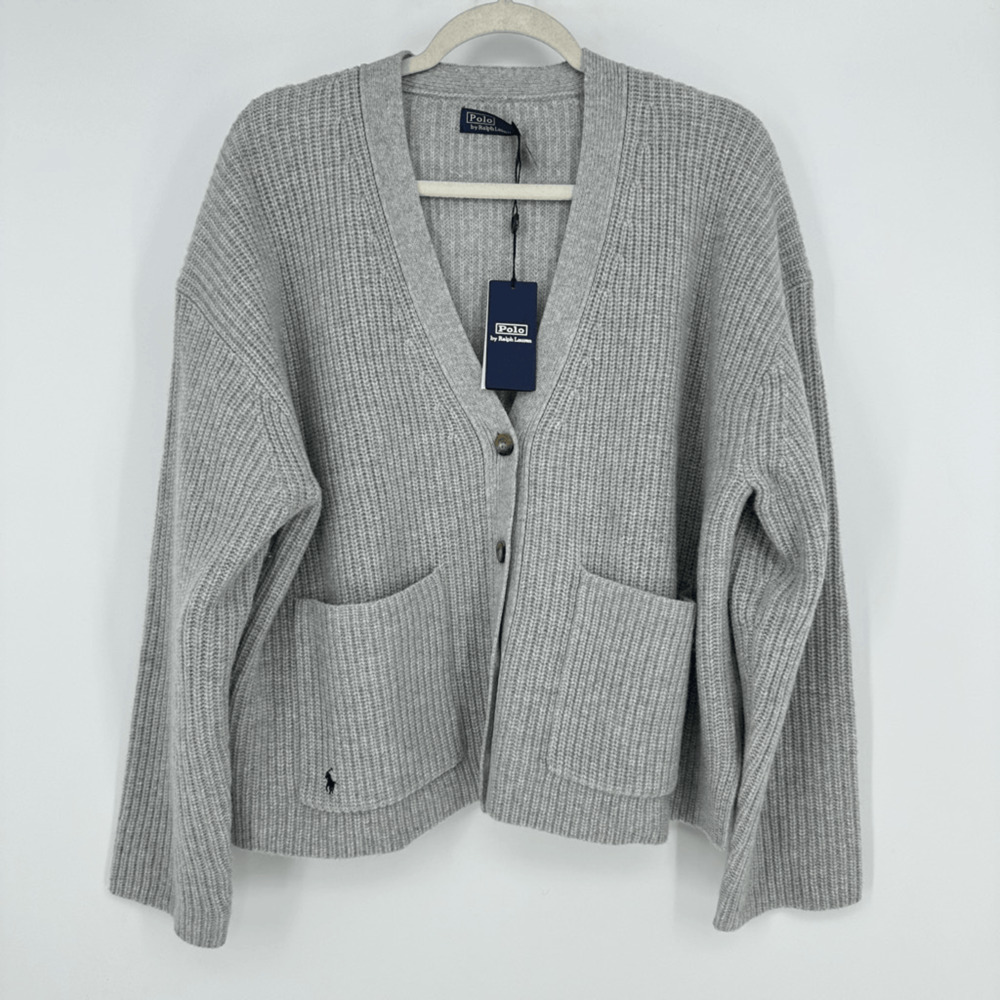 Polo Ralph Lauren Womens L Ribbed Cardigan Sweater Wool Cashmere Gray Preppy